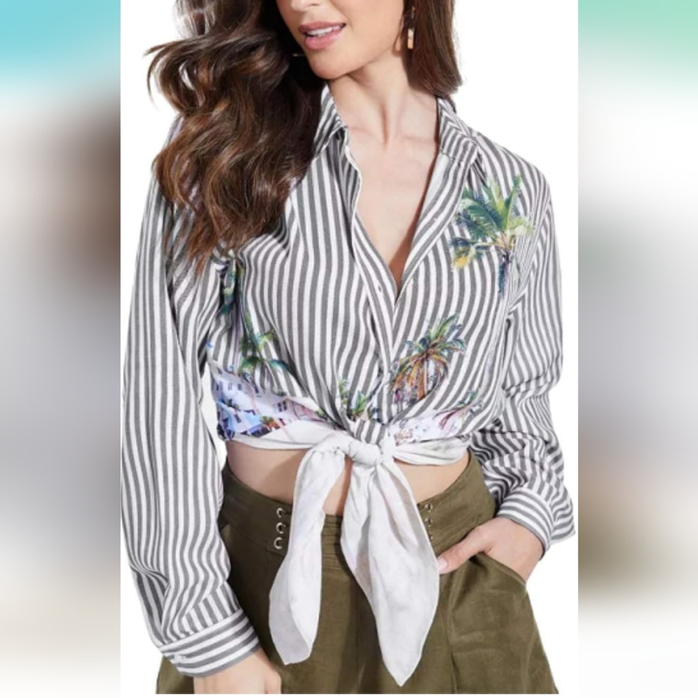 GUESS ,NWT,Womens Callia Printed Tie Front Button-Down Top B/W,XL